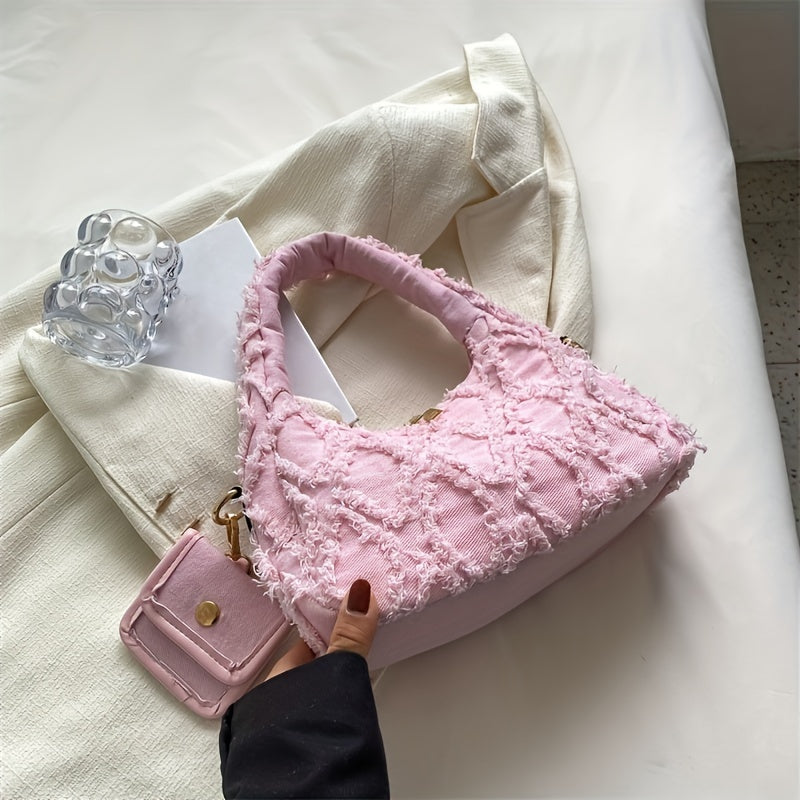 Light Blue Denim Shoulder Bag with Diamond Pattern and Fringe Detail