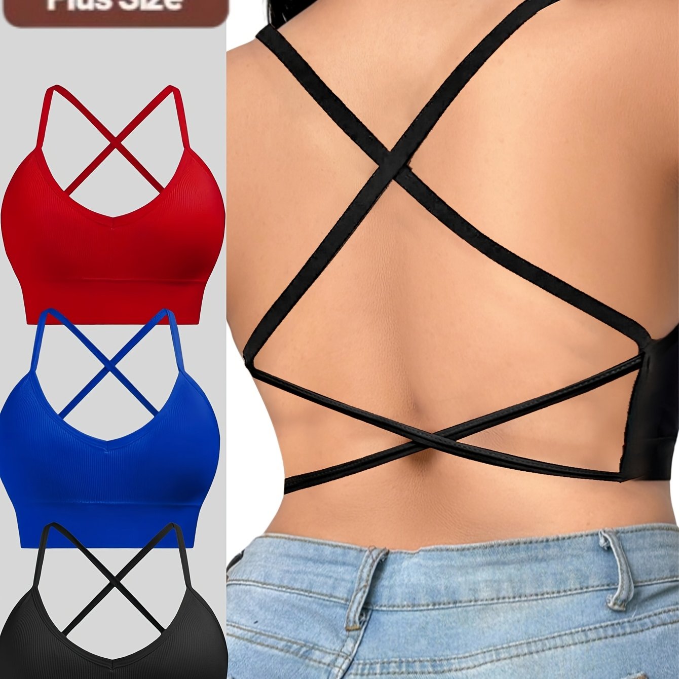 Women's Cross Backless Strapless Bra Tops Pack of 3, Breathable Fabric