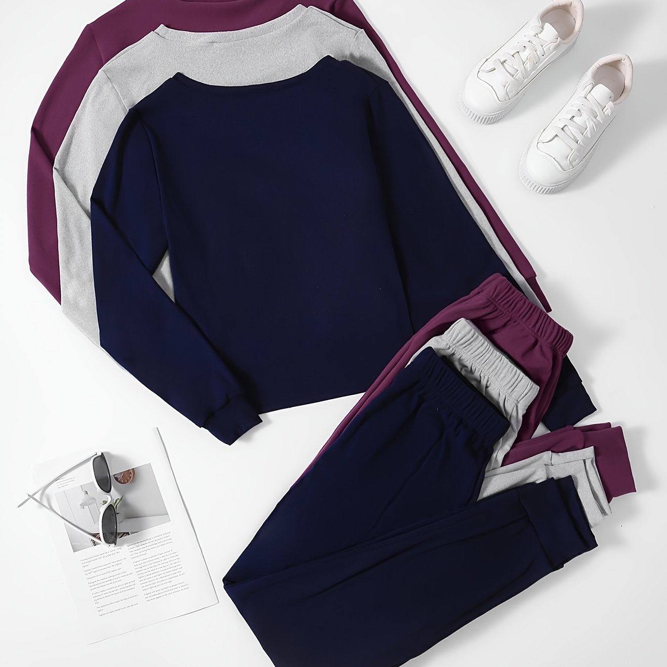 Ayollar uchun 3 qismli dam olish to'plami, uzun qo'lqopli ko'ylak va jogger shimlar bilan, kuzda qulay va erkin moslashuv uchun.