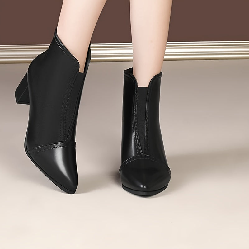 Women's Black Pointed Toe High Heel Boots Waterproof Zipper Back
