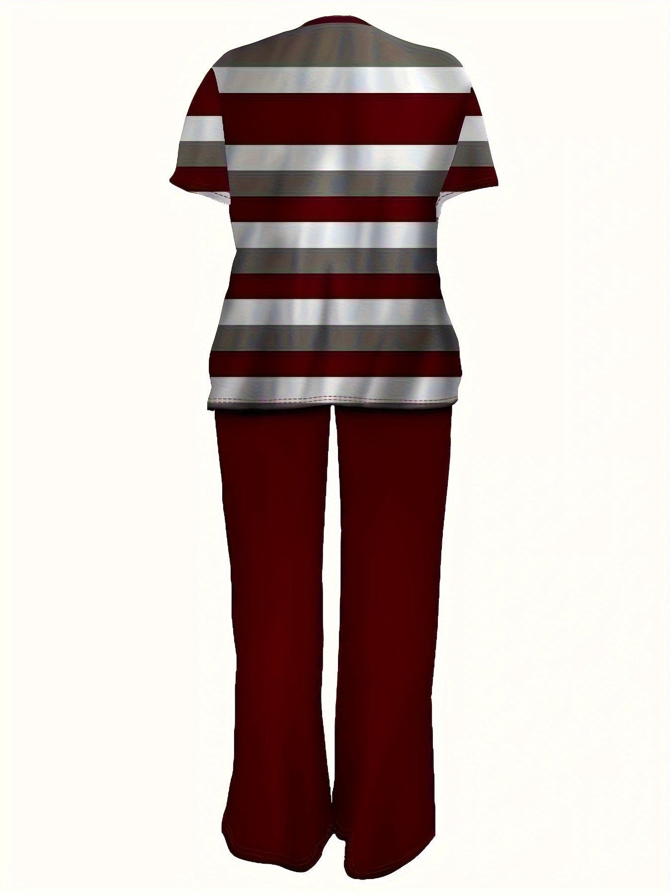 Plus Size Striped Co-ord Set Polyester Knit Crew Neck Straight Leg Casual