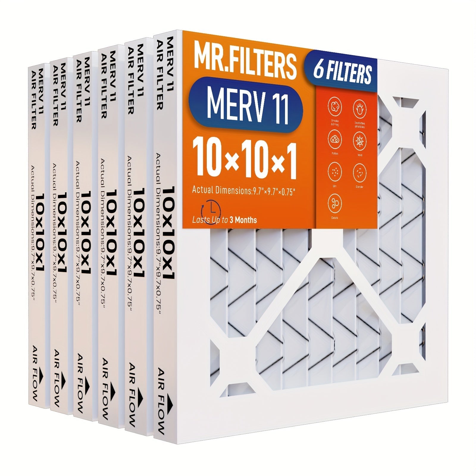 Pack of 6 10x10x1 MERV 8/11/13 Pleated AC Furnace Filters