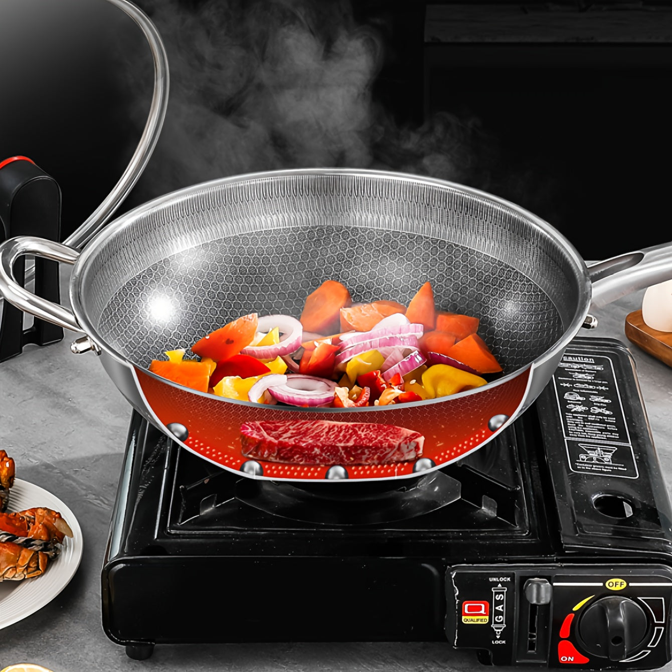 Stainless Steel Frying Pan with Lid Handle Non-Stick for Induction Gas Camping 32cm 34cm 36cm