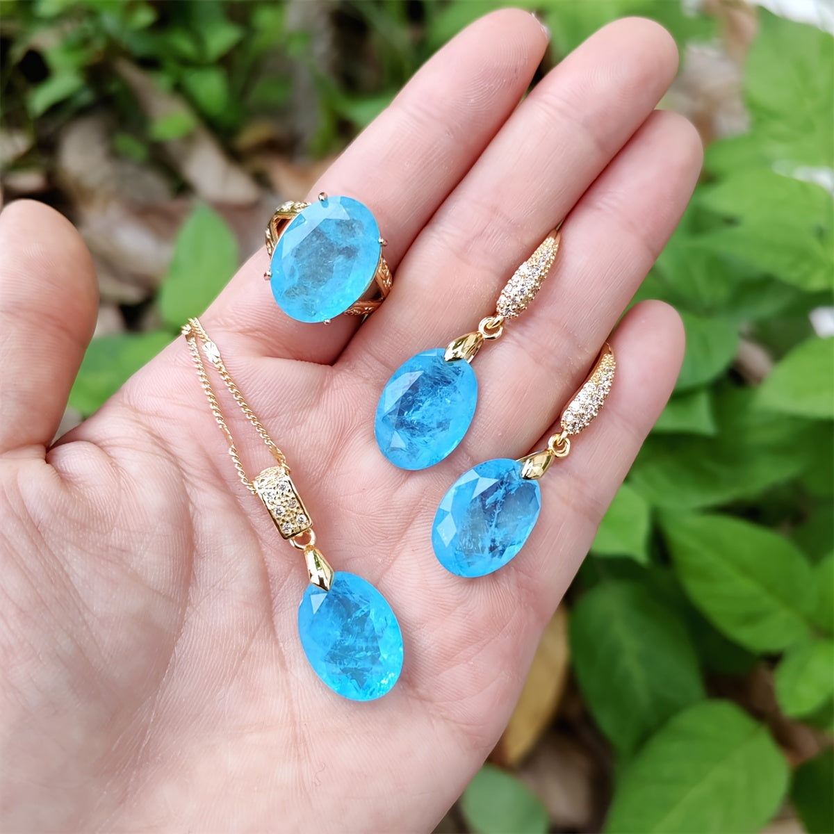 Oval Palaiba Crystal Jewelry Set for Women Ring and Earrings Gift-Ready