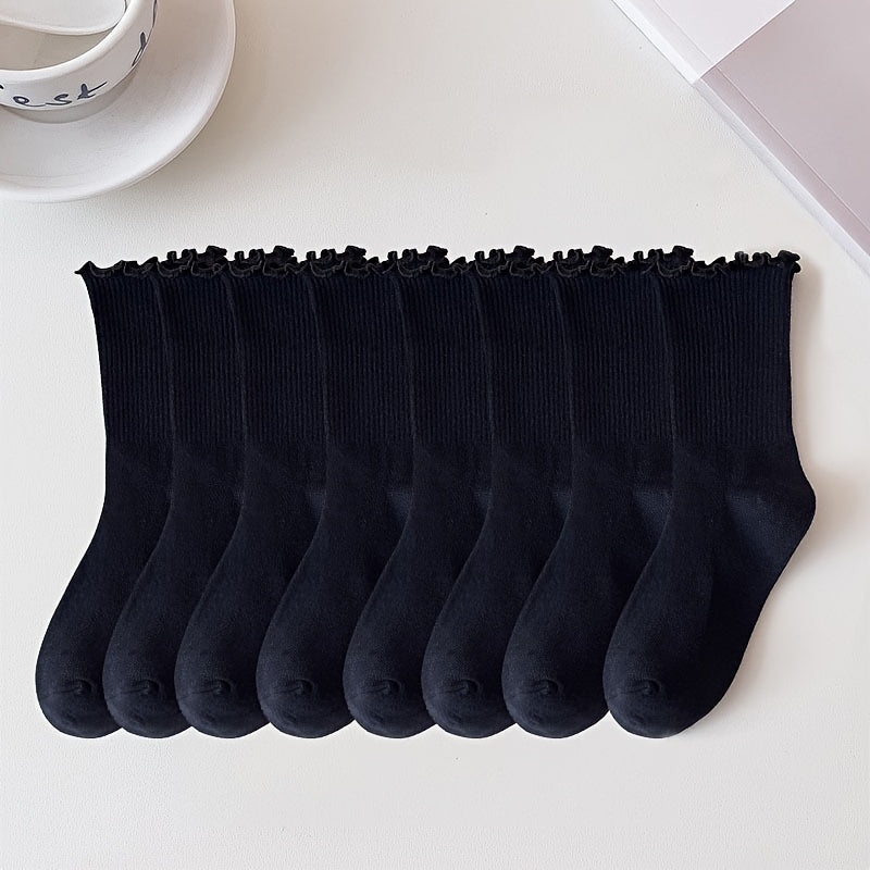 Women’s Knee-High Socks 6 Pairs Breathable Mid Tube Lettuce Trim Cotton Blend