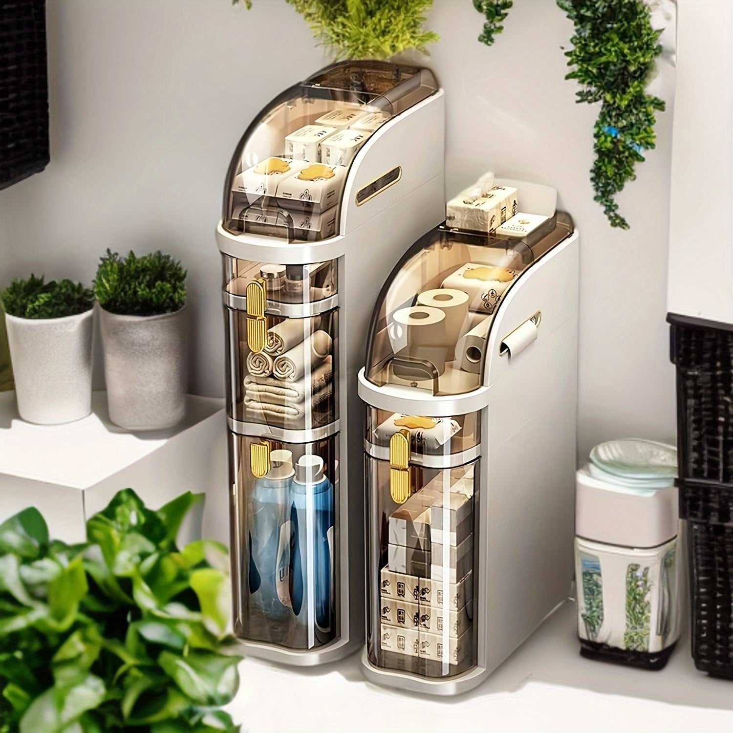 Armario de almacenamiento de plástico con ventana, tapa abatible impermeable para baño, cocina, sala de estar y oficina