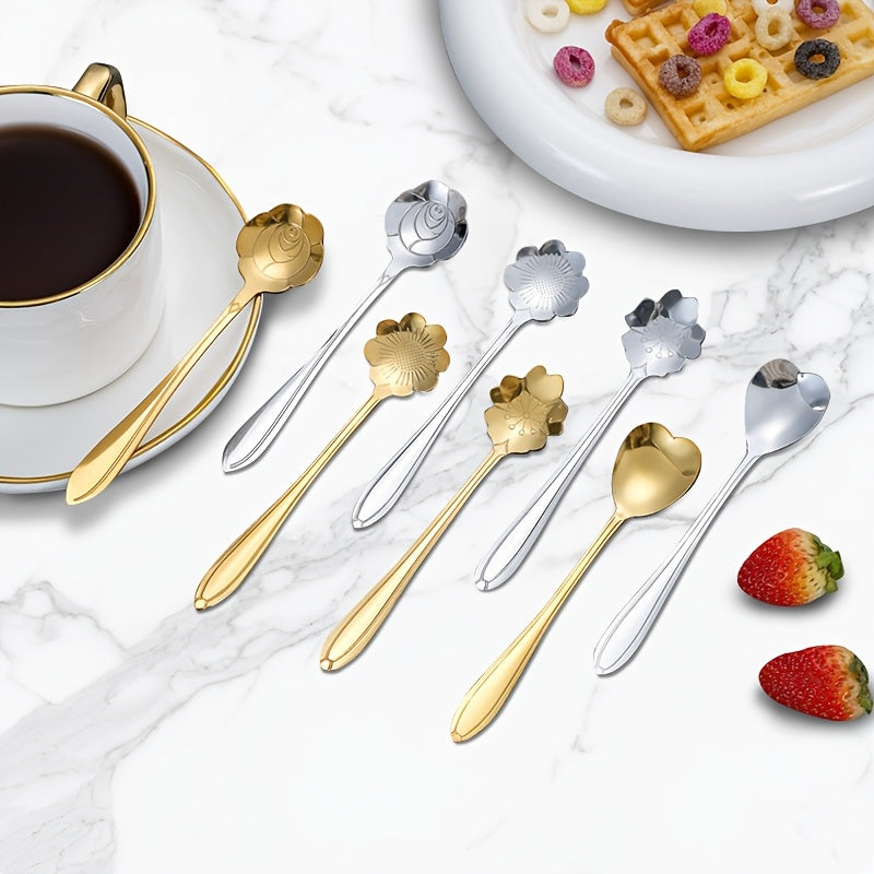 Set of 8 Stainless Steel Coffee Spoons with Flower Pattern for Coffee and Dessert