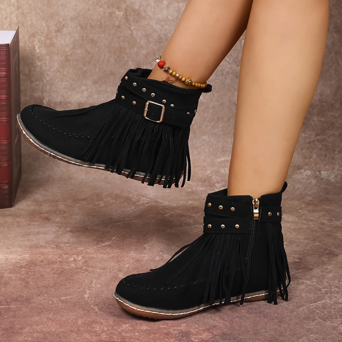 Women’s Western Ankle Boots with Fringe Beige Fabric Flat Heel Slip-On