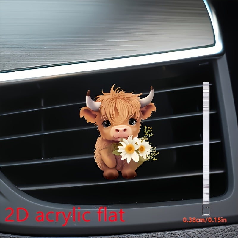 Cute Highland Cow Car Air Freshener Acrylic Fragrance Diffuser with Flowers