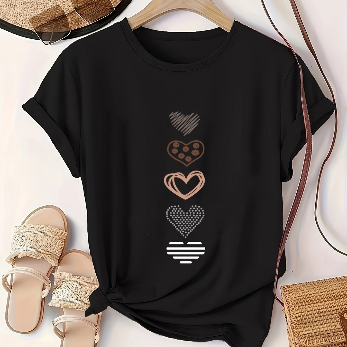 Plus Size Women's Casual T-Shirt with Heart Glitter Print, Striped, Breathable