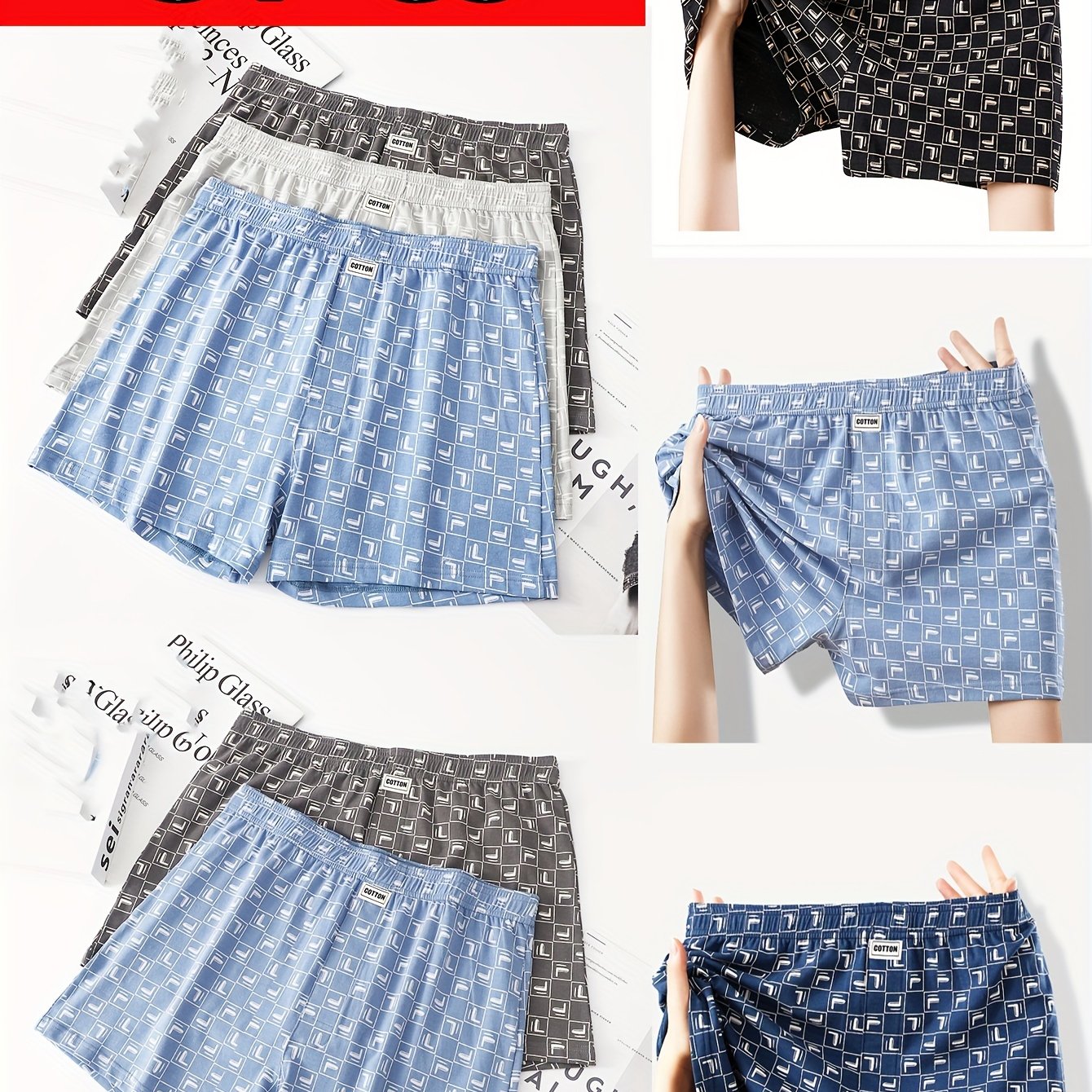 Men's Cotton Boxer Briefs 3 Pack Breathable Plaid Denim-Style Patterns Comfortable Elastic Waist