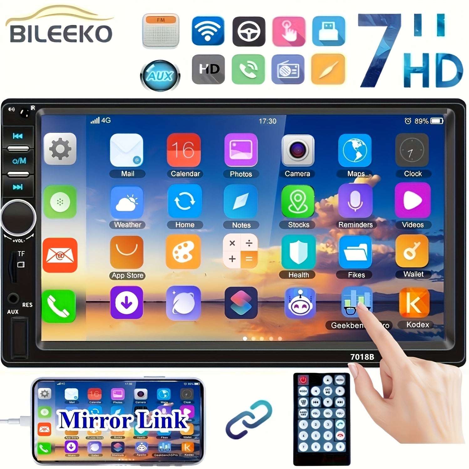 17.78cm Touch Screen Double Din Car Stereo with MP5 Player Wireless Hands-Free Mirror Link USB TF Aux