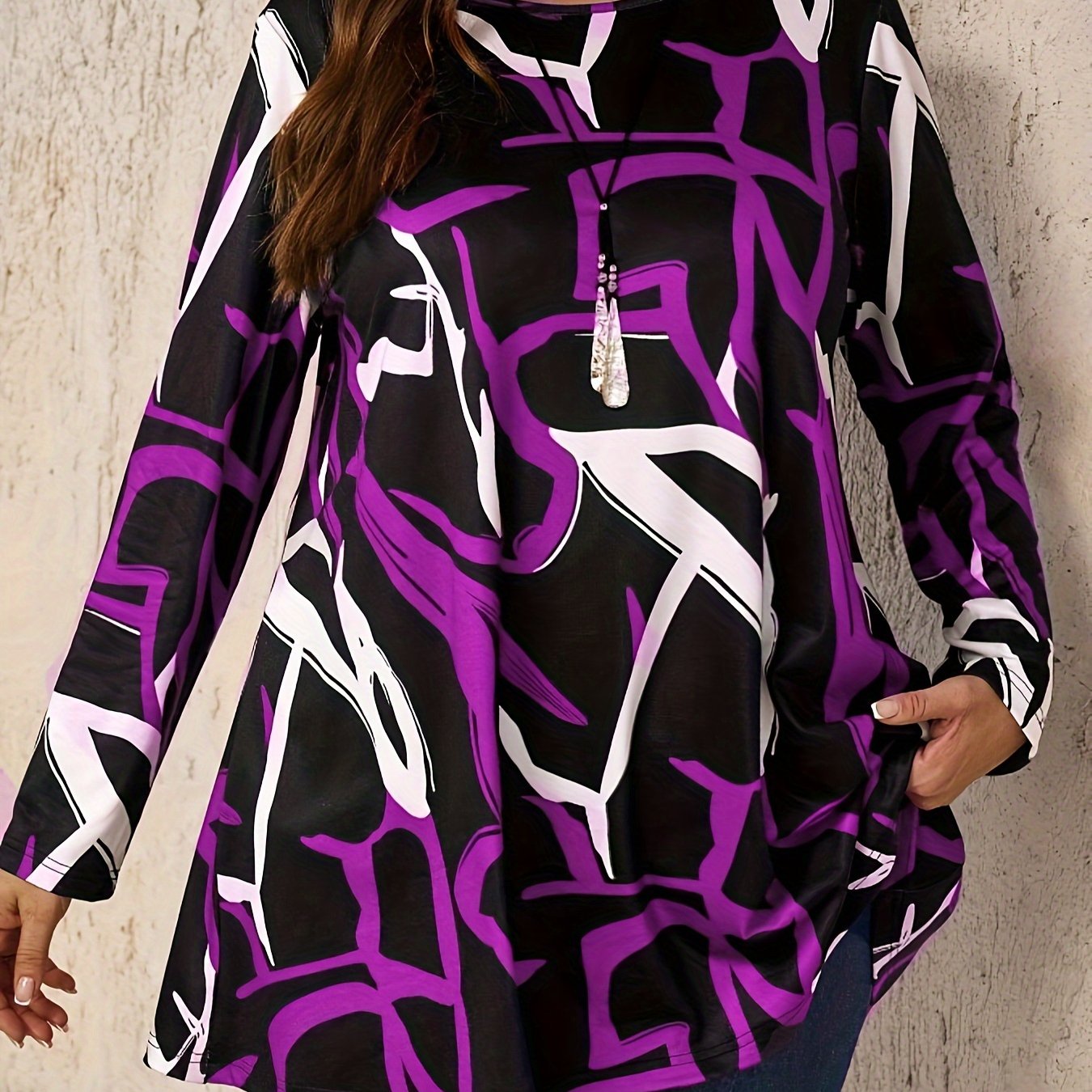 Ayollar uchun Katta O'lchamdagi Rangli Blokli Printli Crew Neck T-shirt, Bahor va Kuz uchun Norasmiy Uzoq Yengli Yuzi