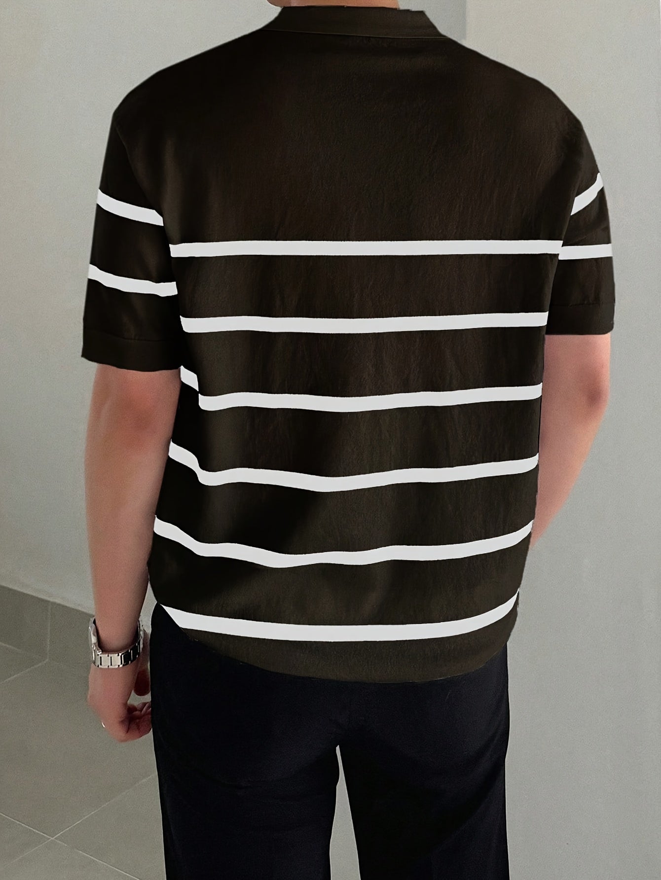 Men's Casual Striped Knit Shirt Short Sleeve Lightweight Summer Viscose Polyester Blend White Black