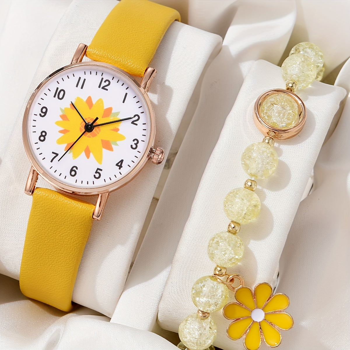 Set of 2 Women's Daisy Flower Design Watches with Leather Straps and Matching Bracelets