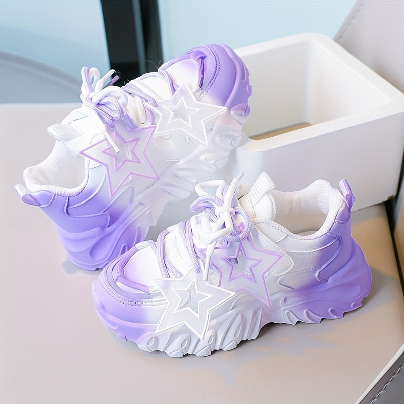 Girls Chunky Sneakers Pink White Gradient Star Pattern Casual Sports Outdoor Shoes