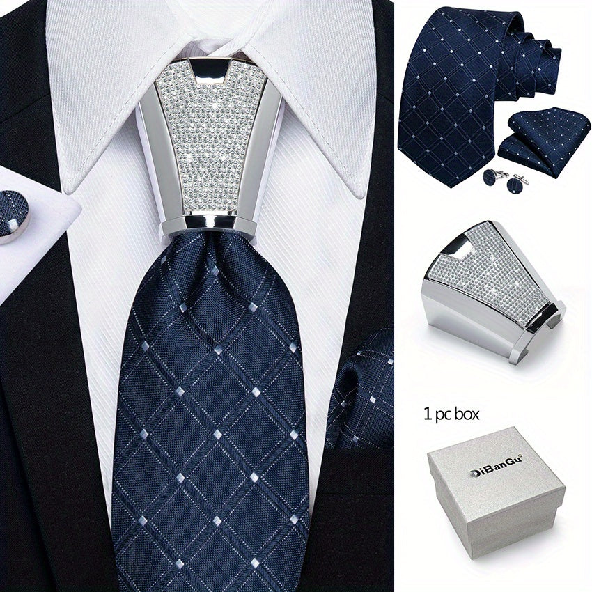 Men's Business Accessory Set with Silver Ring Cufflinks and Handkerchief