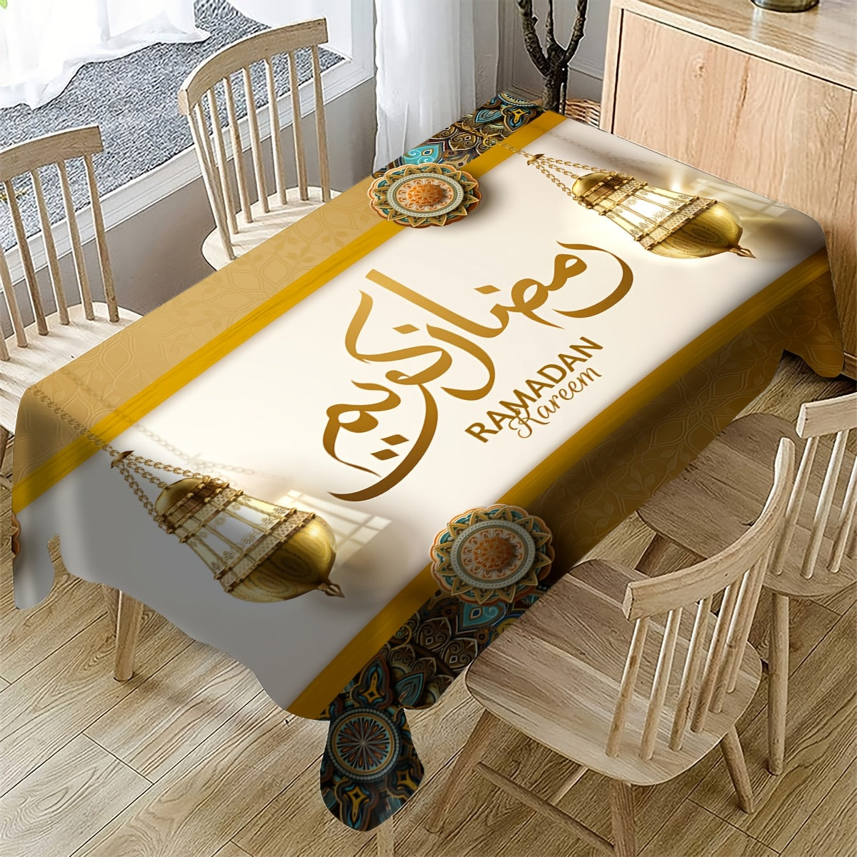 1 dona Ramazon mavzusidagi stol usti, oltin mandala gullari va chiroq vintage naqshlari bilan uy partiyasi bezatish uchun.