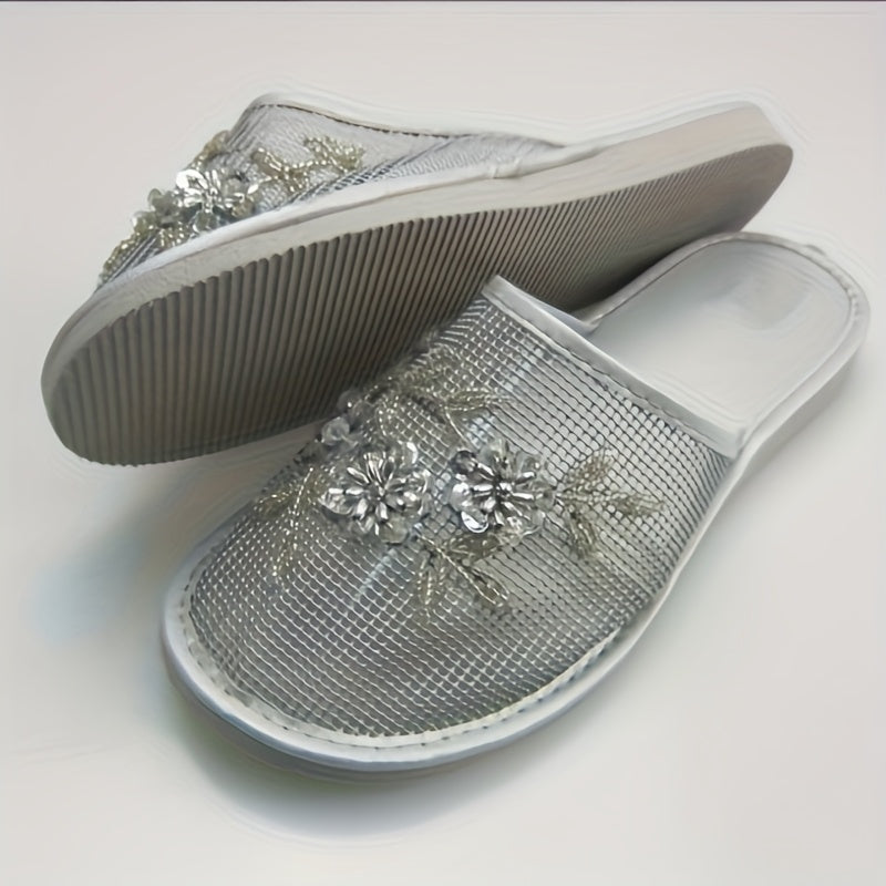 Women's Flat Sandals With Flower Sequins and Beaded Detail