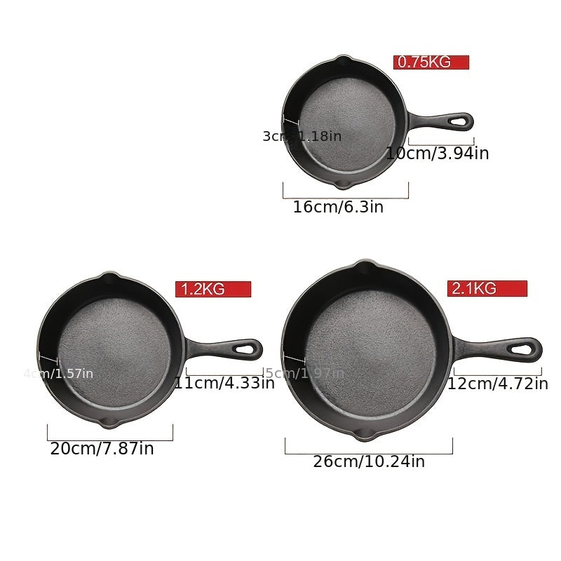 Uchta mustahkam quyma temir qozonlar to'plami, yopishqoq qoplama, tekis pastki va 16 sm, 20 sm va 26 sm o'lchamlari bilan, induksion pechlar uchun mos.