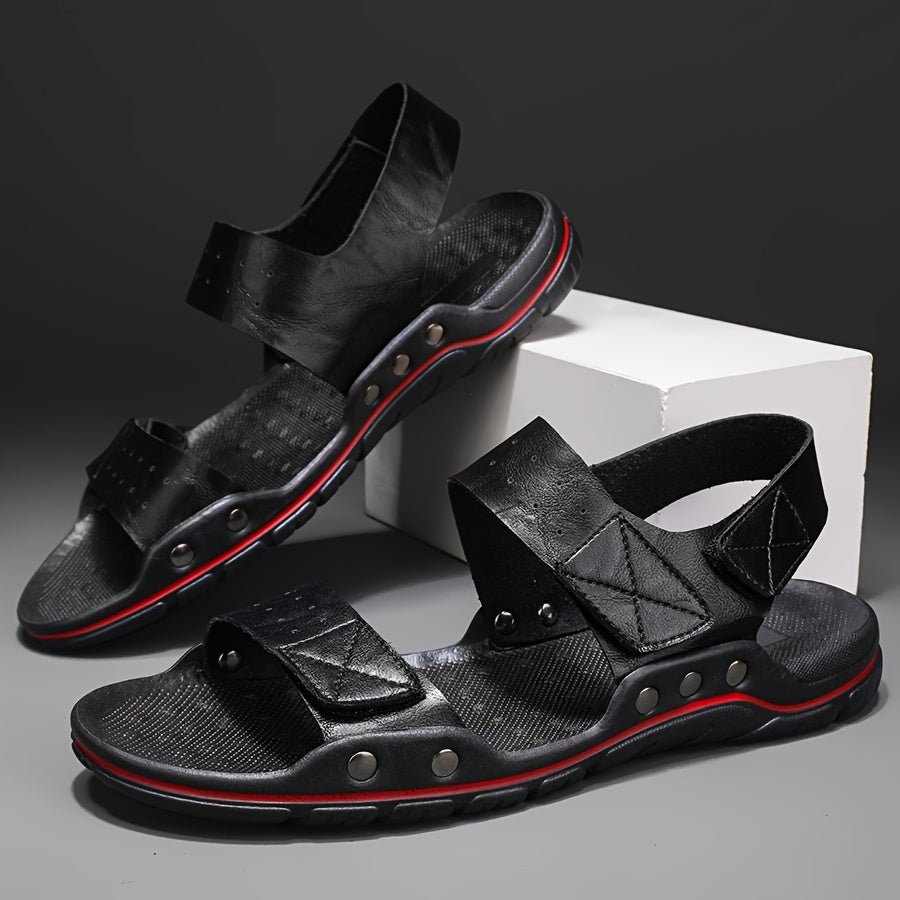 Men's Plus Size Solid Color PU Sandals with Hook-and-Loop Closure Rubber Sole