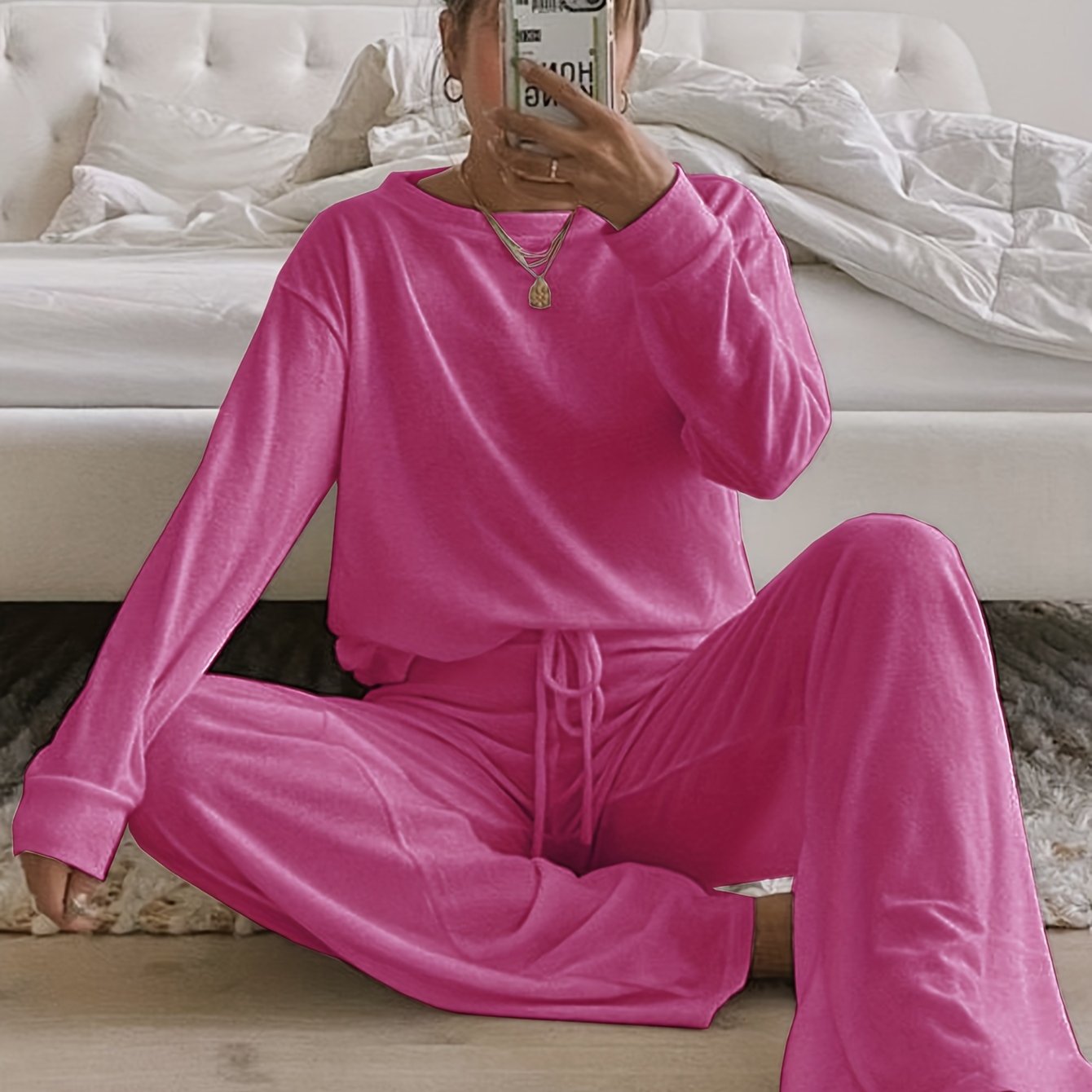 Women's Brushed Fabric Loungewear Set in Solid Color with Crew Neck and Long Pants for Fall Winter