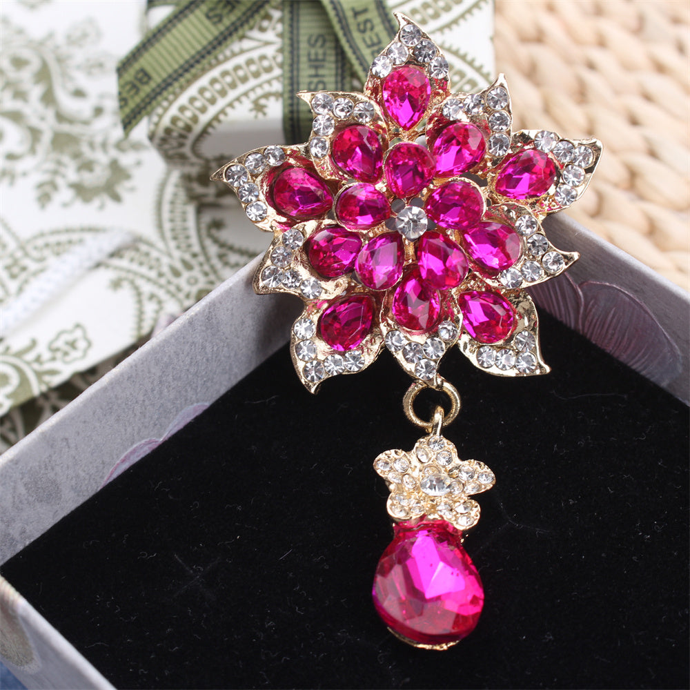Luxury Rhinestone Tassel Flower Brooch Pin for Clothing and Parties
