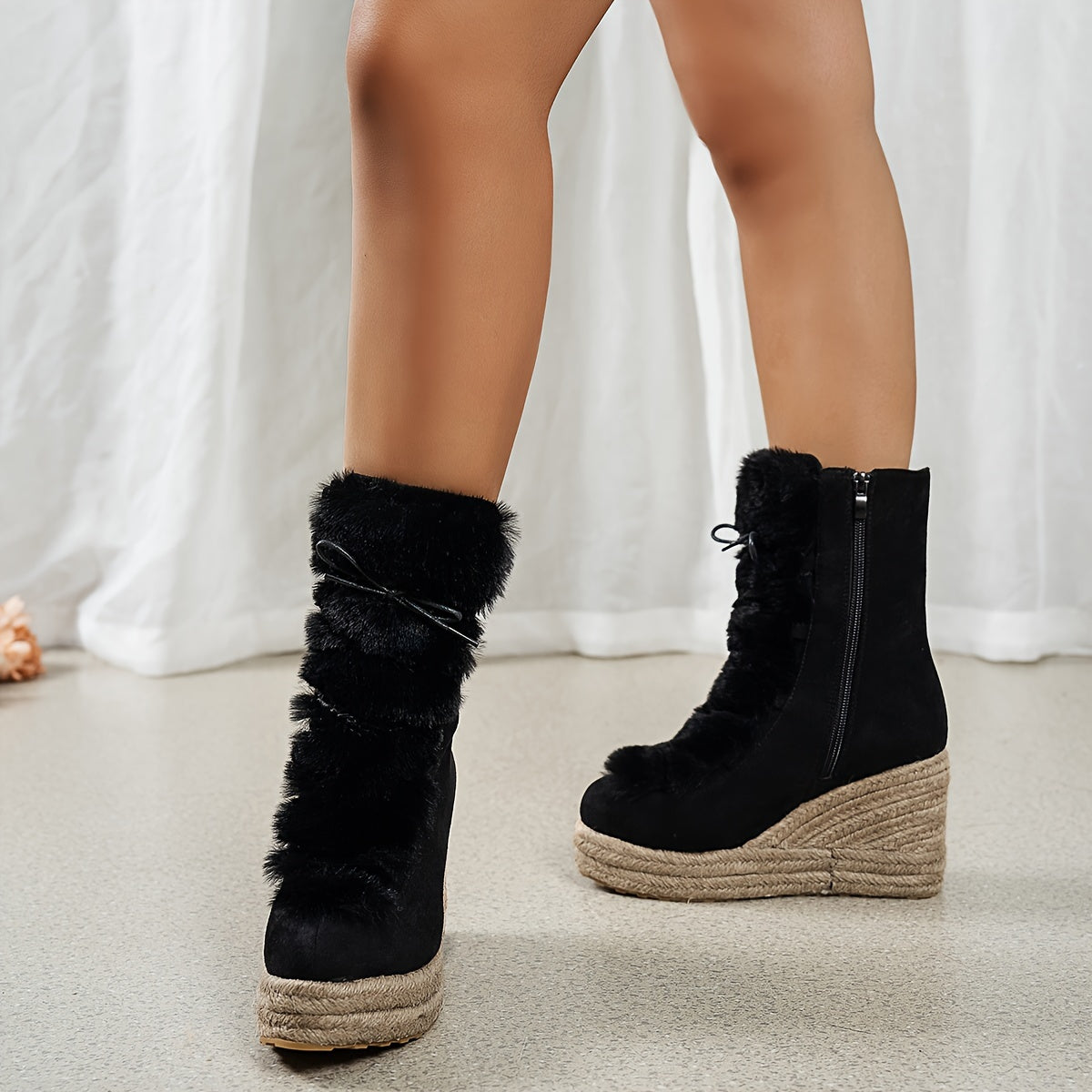 Женские льняные ботильоны на платформе с клиновидным каблуком и меховой отделкой, на молнии