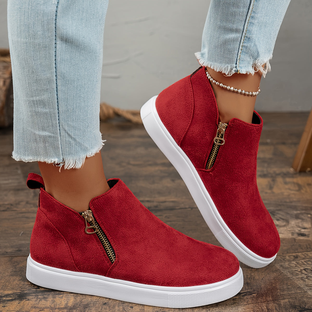 Women's Wedge Heel Ankle Boots Leather Chunky Zipper Casual Shoes