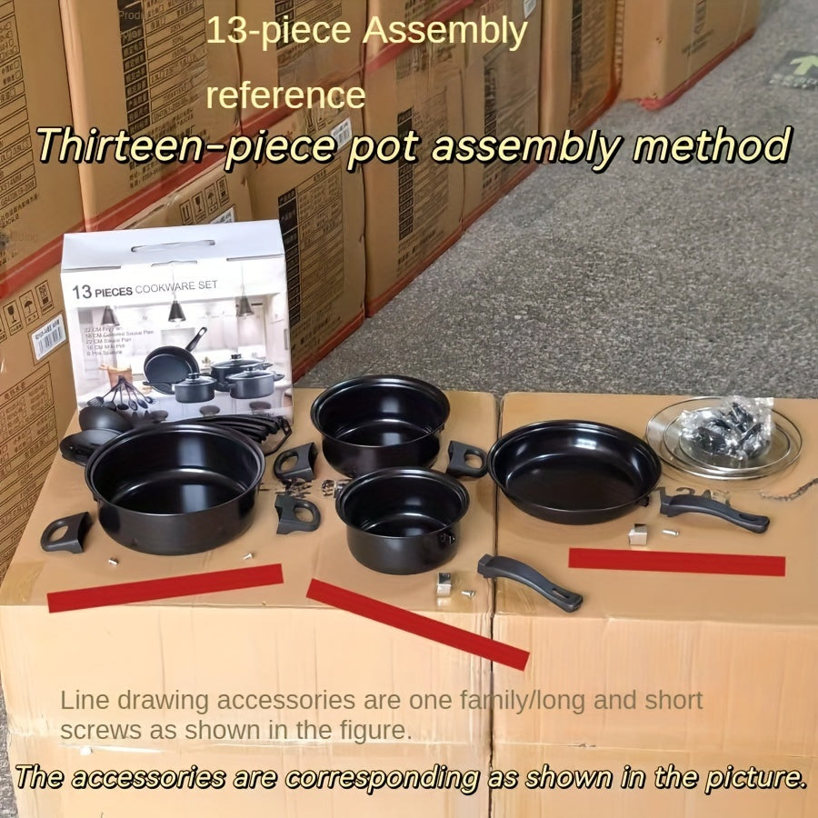 Набор из 13 предметов с антипригарным покрытием включает кастрюлю, сковороду и многофункциональные кухонные сковороды в коробке нейтрального цвета. Идеально подходит для жарки, варки и тушения.