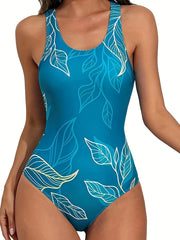 Traje de baño de una pieza para mujer con estampado de hojas, poliéster elastano de alta elasticidad y sujetador incorporado
