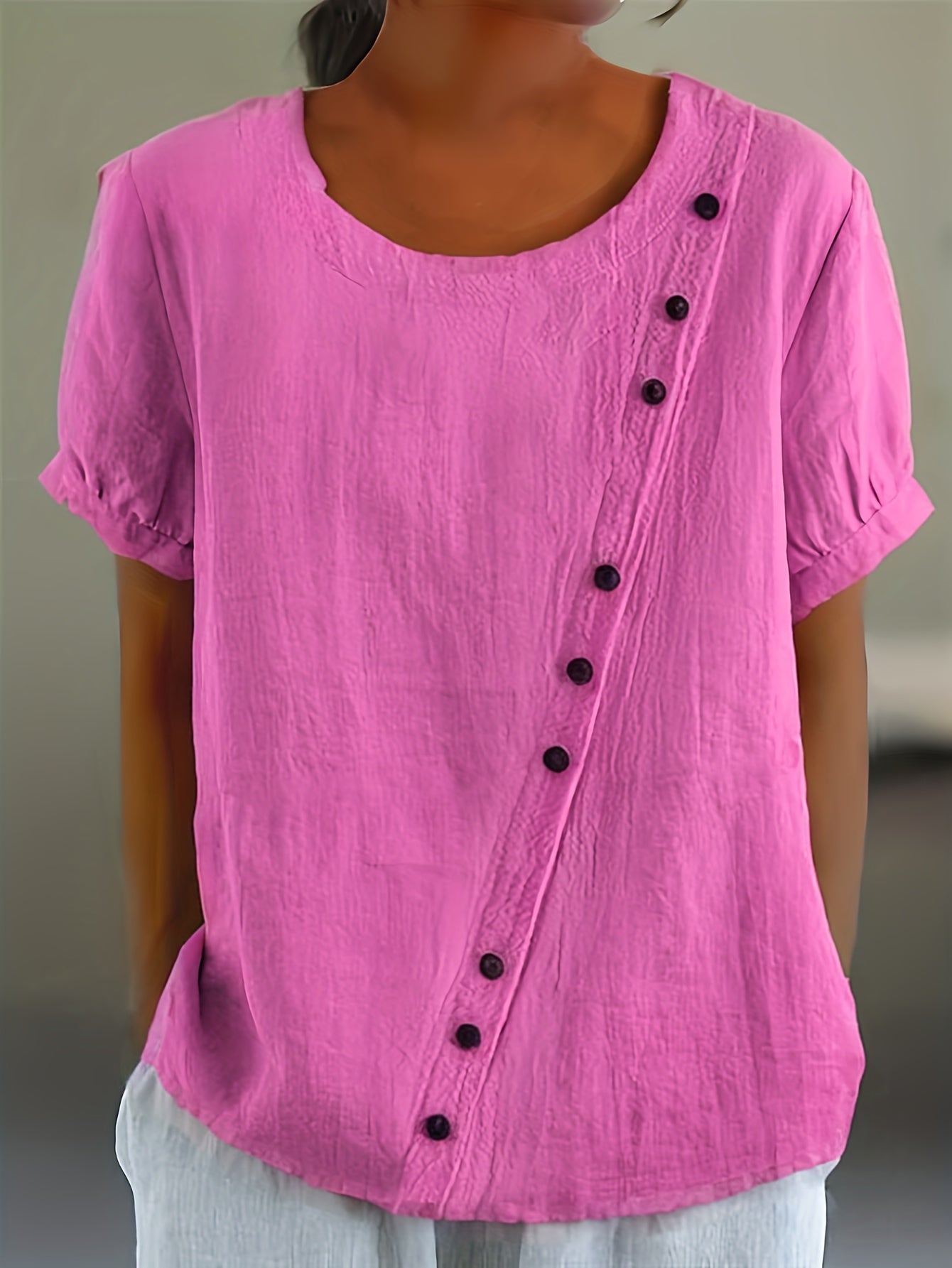 Blusa de algodón transpirable y ligera para mujer talla plus con botones frontales