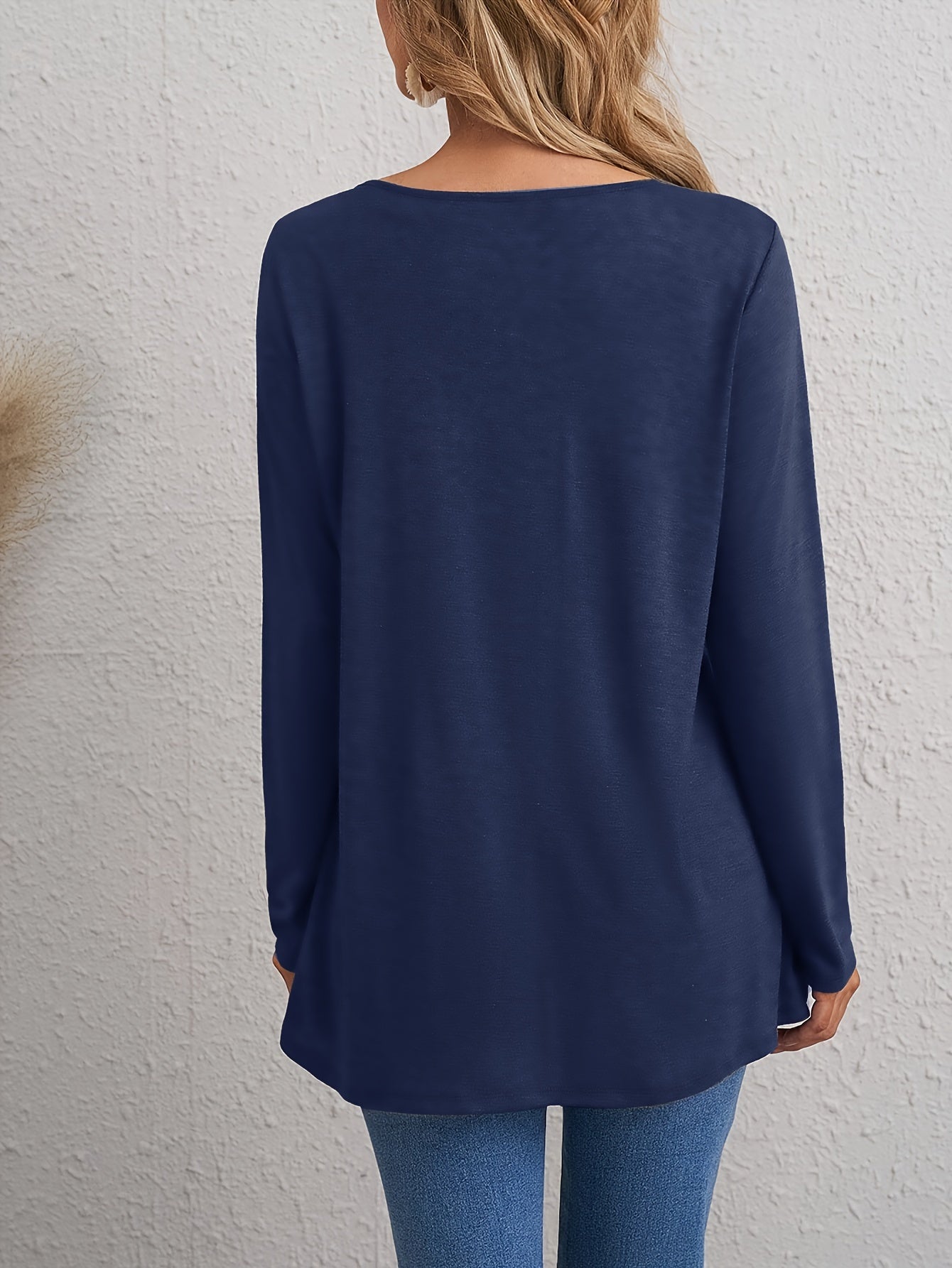 Camiseta de manga larga para mujer con cuello redondo, de color sólido, mezcla de poliéster, elegante para primavera y otoño