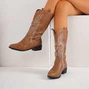 Women Slip-On Cowgirl Boots Light Brown Faux Leather Floral Embossed