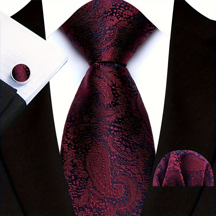Men's Paisley Pattern Tie Set with Pocket Square and Cuffs for Business Formal