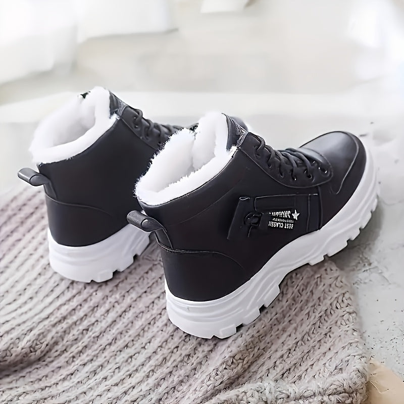 Women's Fleece-Lined Mid-Heel Winter Boots Black White Outdoor Shoes