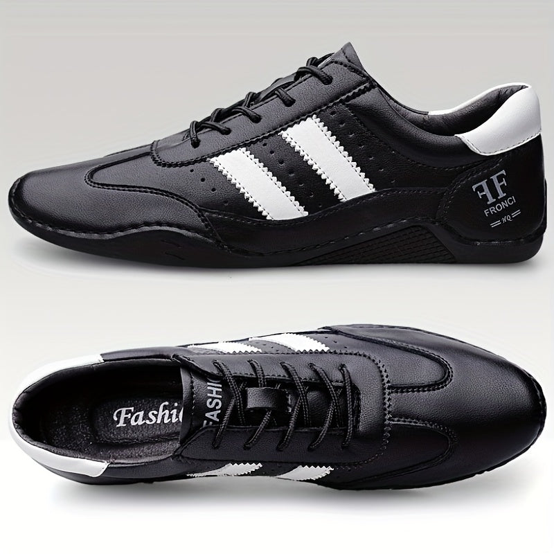 Men's Genuine Leather Sneakers White Black Stripe Rubber Sole Casual All-Season