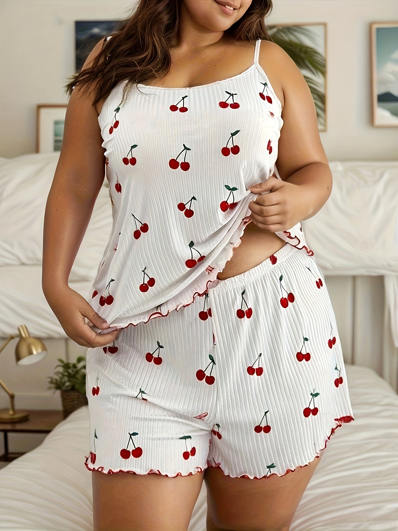 Plus Size Women's Strawberry Print Ribbed Spaghetti Strap Shorts Set Casual Loungewear