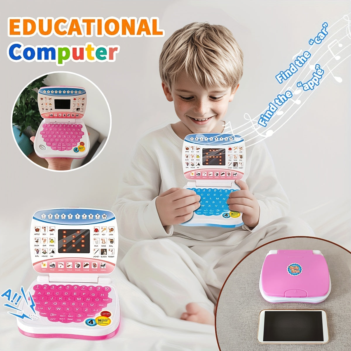 Mini Educational Laptop Toy for Kids 3+ with Letters Numbers and Music White Blue Pink