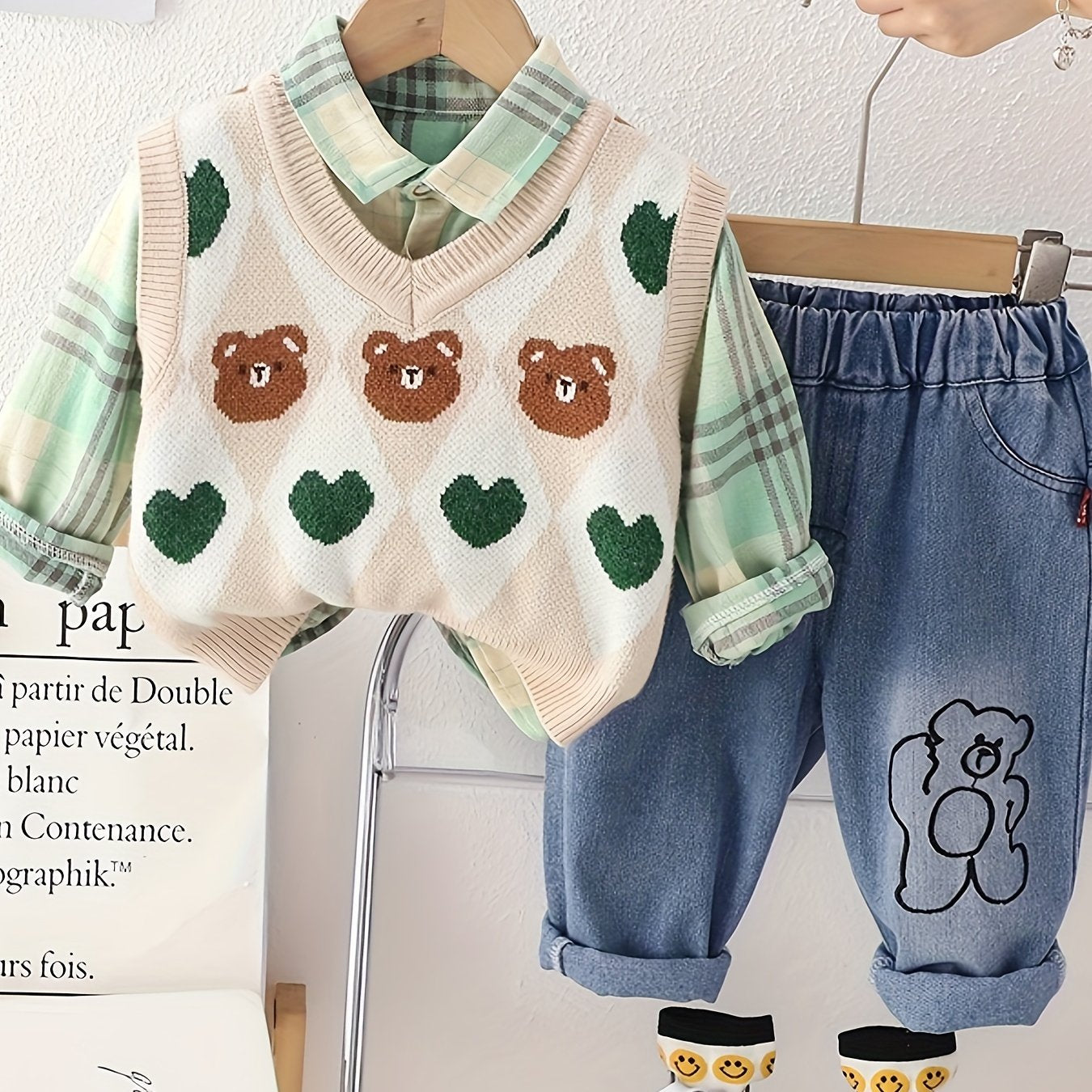 Boys' 3-Piece Knit Vest Shirt and Jeans Set for Kids Age 12 and Under