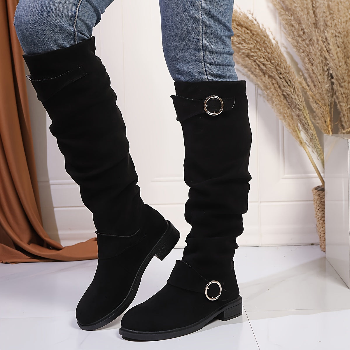 Women's Velvet Knee-High Boots with Buckle, Solid Color, Low Heel
