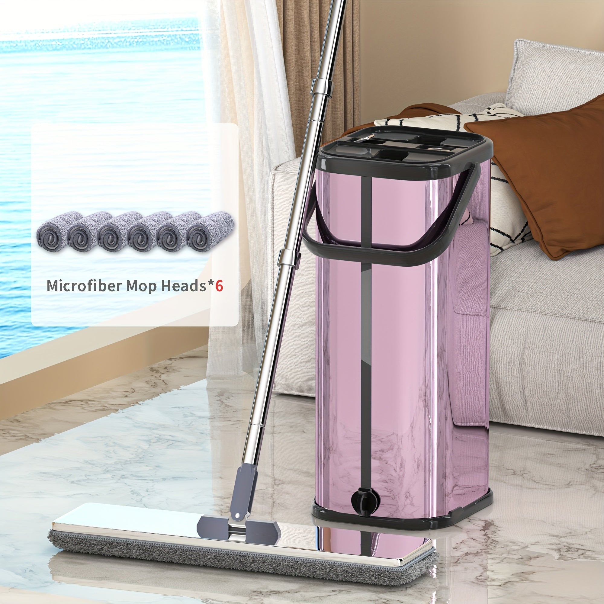 Juego de fregona y cubo de acero inoxidable con escurrido automático y almohadillas de microfibra