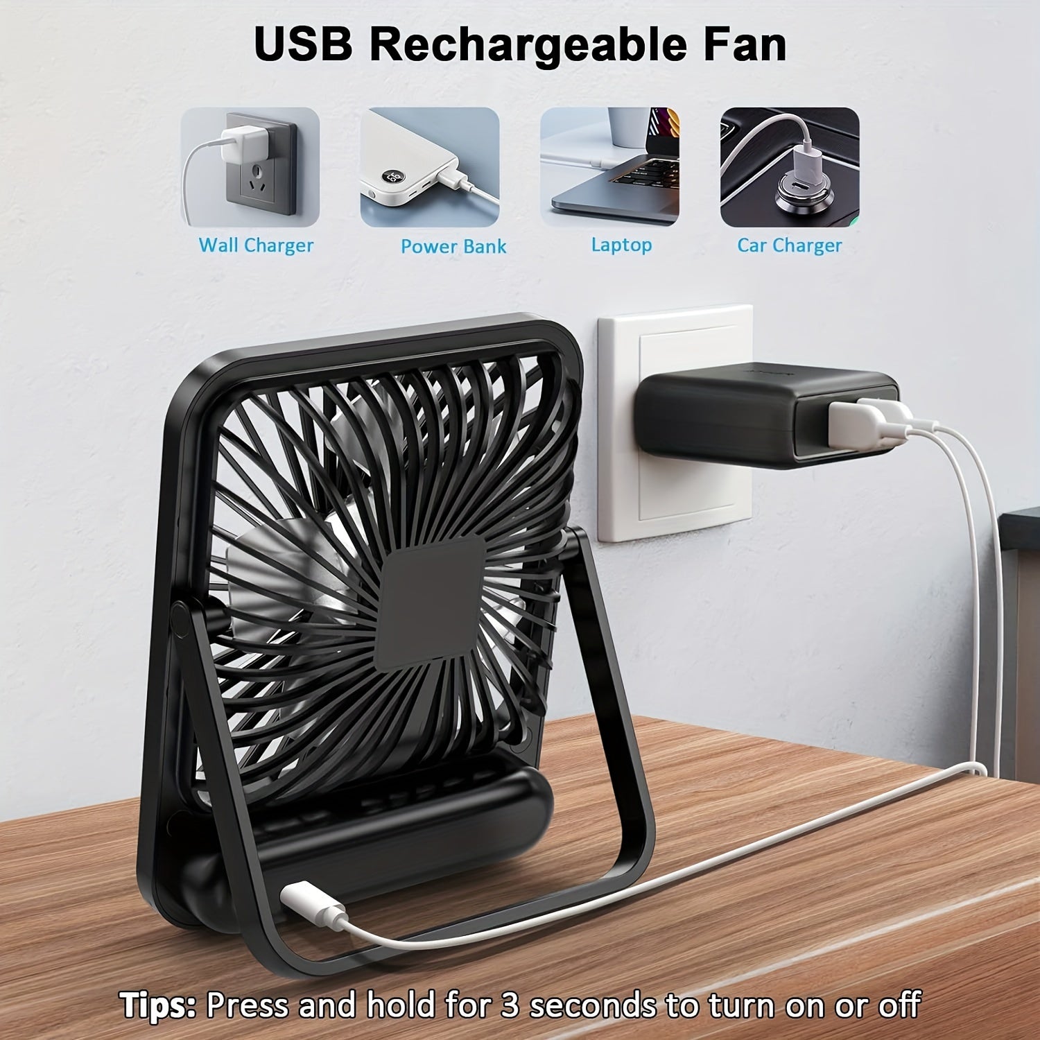 Portable USB Desktop Fan with 1800mAh Rechargeable Battery, 5-Speed, 180° Tilt
