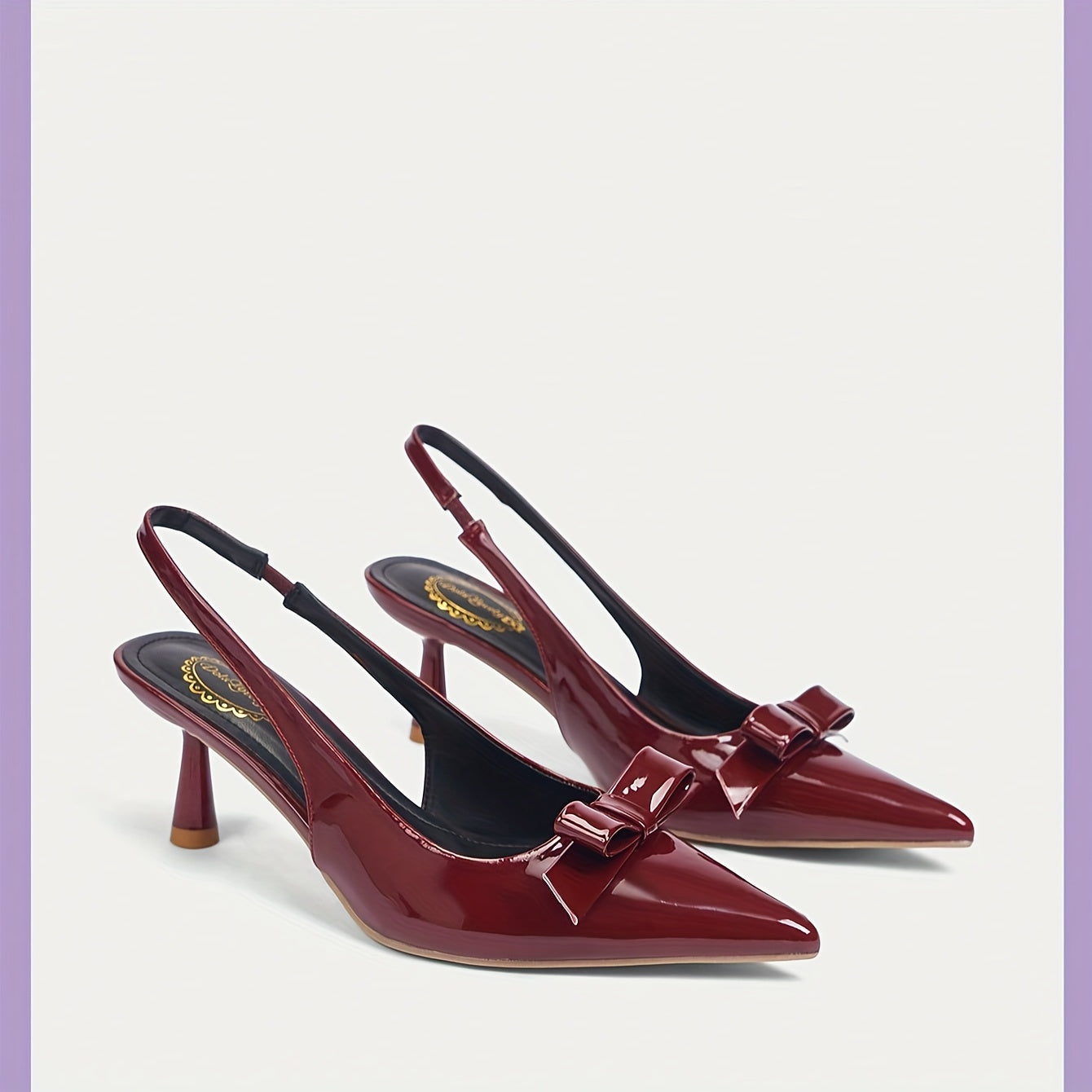 Women's Burgundy Mid-Heel Shoes with Adjustable Bow Straps, Glossy PVC Upper