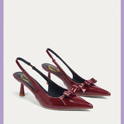 Women's Burgundy Mid-Heel Shoes with Adjustable Bow Straps, Glossy PVC Upper
