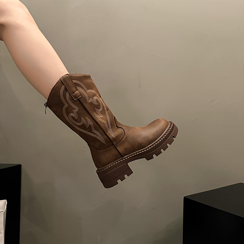 Women's Brown Western Boots | Chunky Mid-Heel, Non-Slip Sole, Round Toe