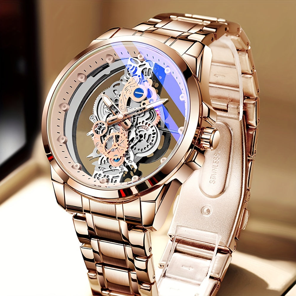 Men's Rose Gold Skeleton Quartz Watch with Luminous Hands Zinc Alloy Case Faux Leather Band