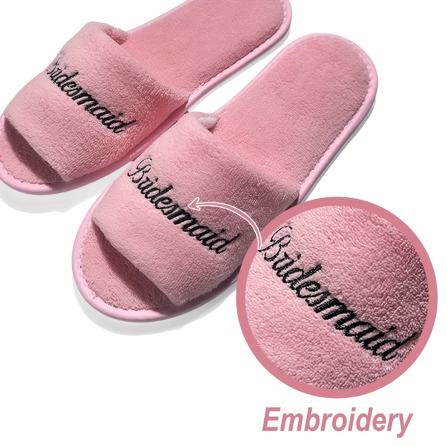 Pink Bridal Party Slippers Open Toe Plush Comfort Flat Shoes Non-Slip Soft Sole