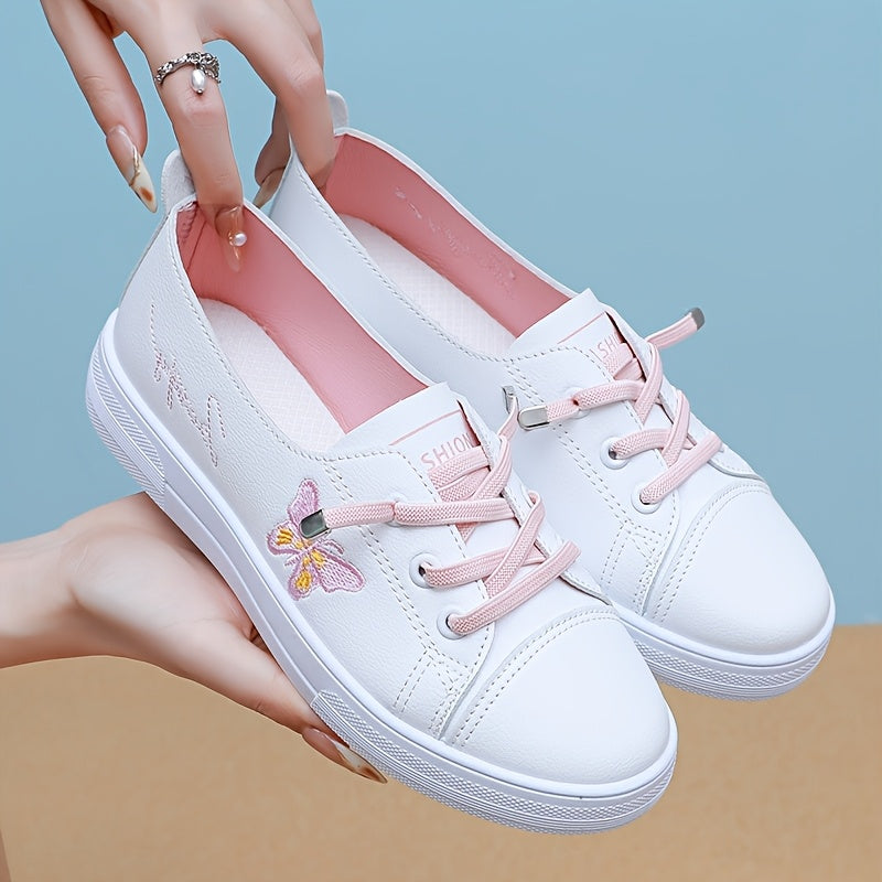 Women's Butterfly Embroidered Casual Sneakers White Lightweight Low Tops