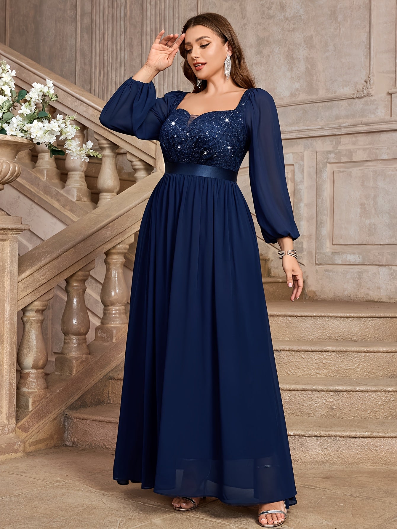 Plus Size Women's Sequin Lace Chiffon Evening Gown with Puff Sleeves
